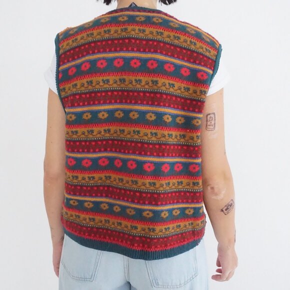 Vintage Lizsport Red Teal Southwestern Geometric Striped Knit Sweater Vest L - Picture 2 of 9